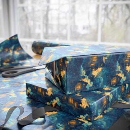 Haunted Mansion Wrapping Paper Roll, Spooky Halloween Gift Wrap with Bats, Ghosts, and Gloomy House Scene