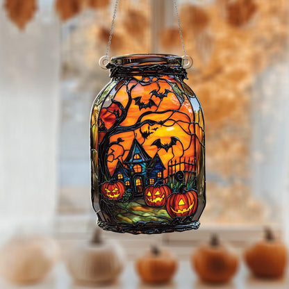 Halloween Window Hanging Lantern, Spooky Haunted House Decor, Pumpkin Bat Hanging Light, Gothic Halloween Party Decoration