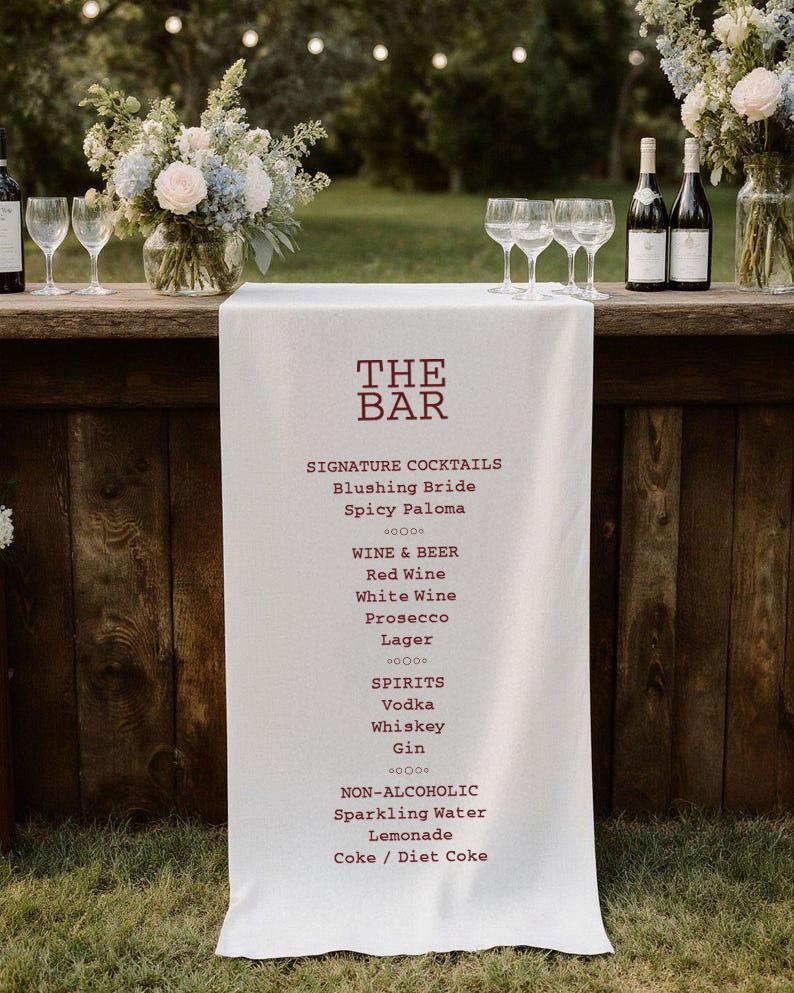Wedding Bar Menu Sign, Custom Fabric Bar Sign, Rustic Cocktail Menu, Personalized Drink Sign, Minimalist Reception Bar Banner Decor