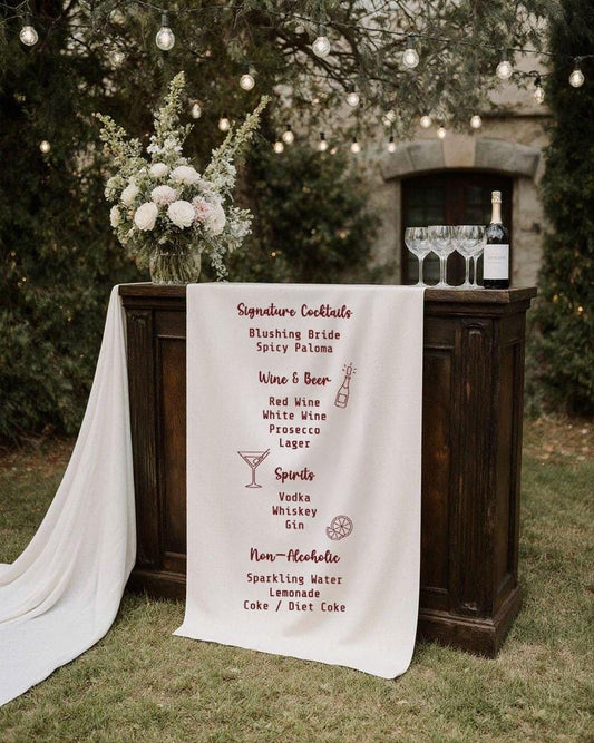Custom Wedding Bar Menu Sign, Illustrated Cocktail Menu, Fabric Drink Sign, Bar Banner, Personalized Reception Bar Decor, Modern Party Sign