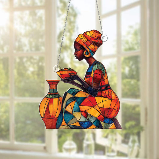 African Woman Window Hanging, Tribal Art Home Decor, Ethnic Boho Ornament, Colorful Lady Wall Hanging, Cultural House Decoration