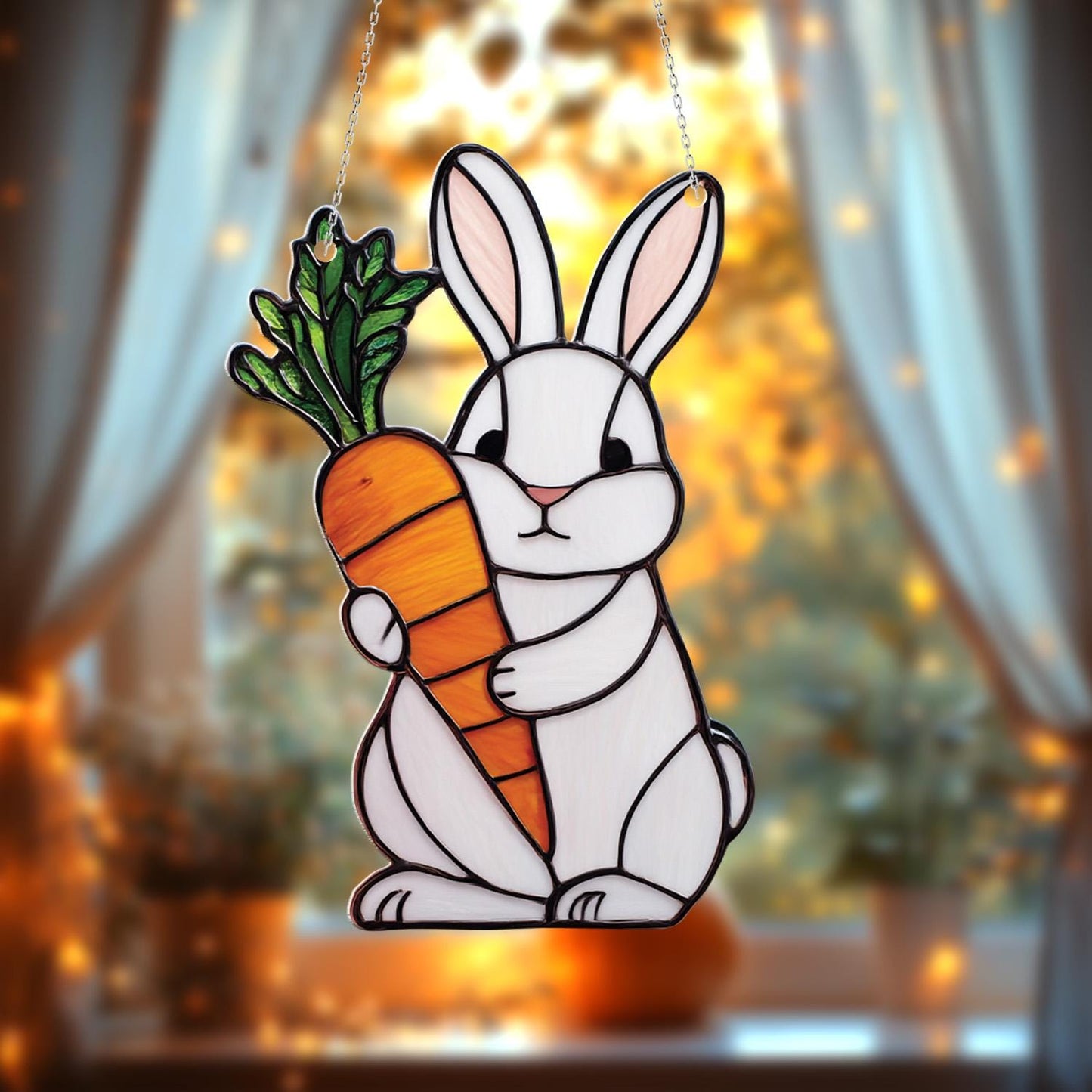 Cute Bunny Window Hanging Decoration, Rabbit and Carrot Window Art, Whimsical Animal Window Decor, Kids Room Window Hanging Gift Idea