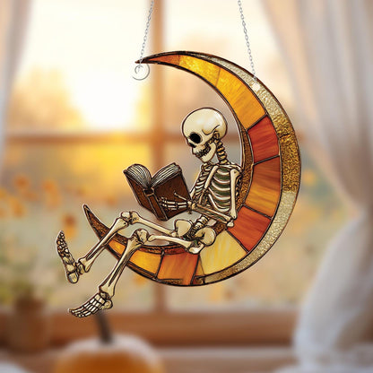 Halloween Skeleton Window Hanging, Spooky Moon Window Art, Gothic Home Window Decoration, Unique Creepy Window Hanging Gift for Fall