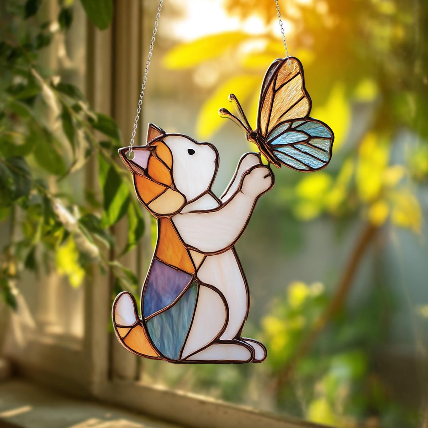 Cat and Butterfly Window Hanging, Cute Animal Window Decor, Whimsical Kitty Window Art, Playful Window Hanging Gift, Unique Home Decoration