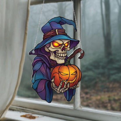 Halloween Skeleton Window Hanging, Pumpkin Witch Window Art, Creepy Gothic Window Decoration, Spooky Home Window Hanging Gift for Fall