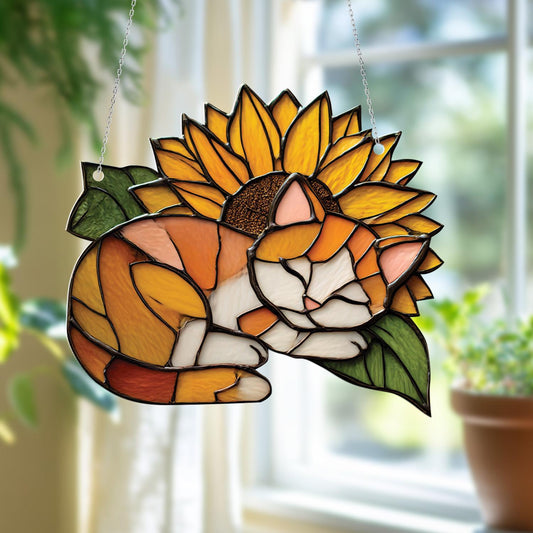 Cat and Sunflower Window Hanging, Cozy Kitty Window Decor, Floral Window Hanging Gift, Whimsical Cat Lover Home Decoration,Unique Window Art