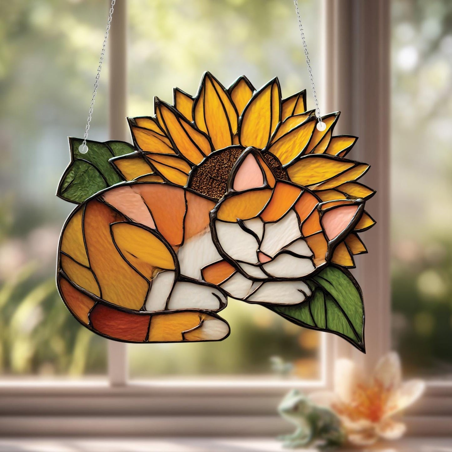 Cat and Sunflower Window Hanging, Cozy Kitty Window Decor, Floral Window Hanging Gift, Whimsical Cat Lover Home Decoration,Unique Window Art