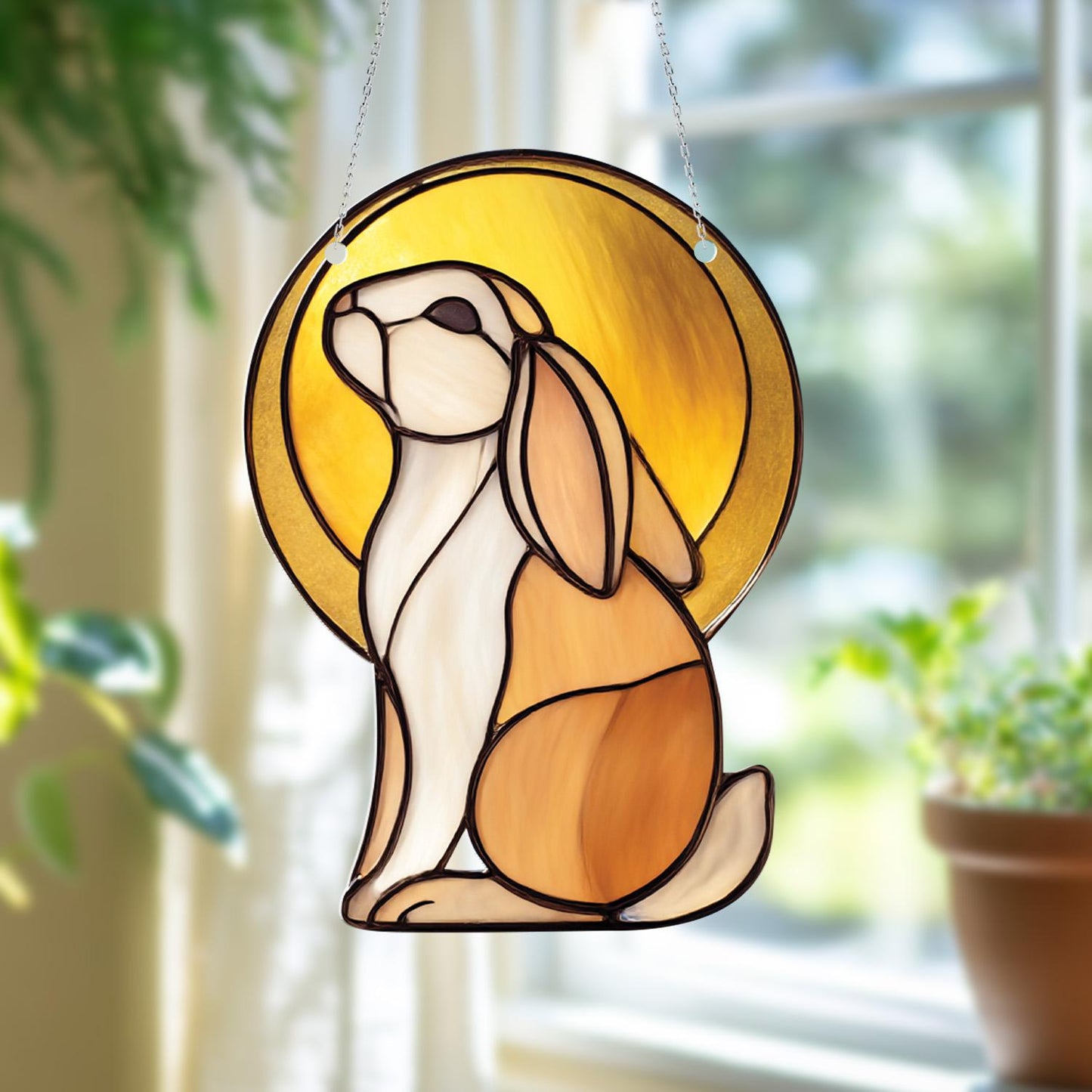 Bunny Window Hanging Decoration, Rabbit Window Art with Golden Sun, Whimsical Animal Window Decor, Cute Bunny Lover Gift, Unique Home Accent