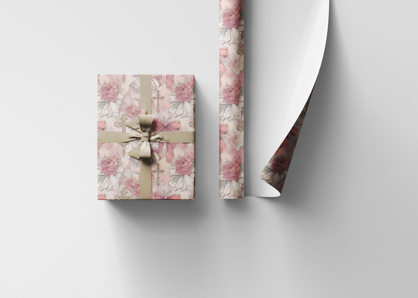 Elegant Baptism Wrapping Paper Christian Watercolor Design | Coquette Aesthetic Gift Wrap for Girls #12
