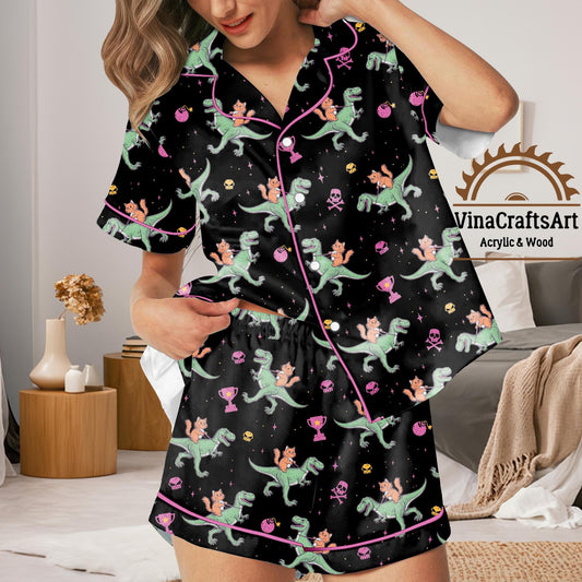 Princess Donut & Mongo Pajamas Set, Dungeon Crawler Carl Long Sleeve Pajamas, Funny Cat Dinosaur Sleepwear, Cozy Gamer Gift