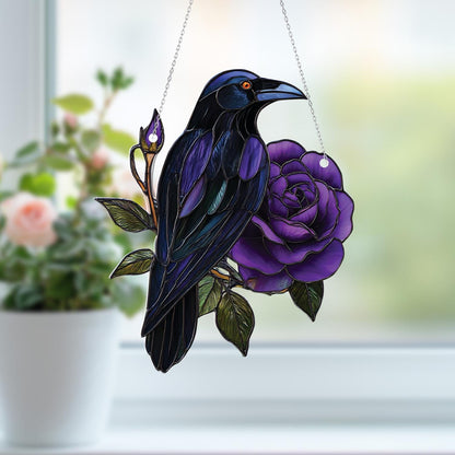 Raven and Purple Rose Window Hanging, Gothic Bird Floral Decor, Witchcore Room Accent, Mystical Raven Gift, Dark Aesthetic Window Art
