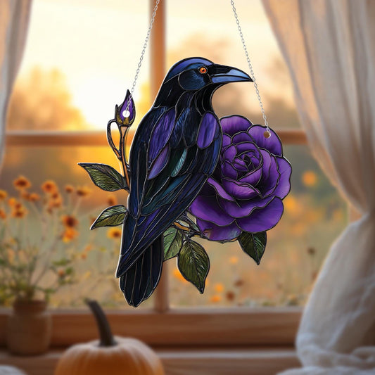 Raven and Purple Rose Window Hanging, Gothic Bird Floral Decor, Witchcore Room Accent, Mystical Raven Gift, Dark Aesthetic Window Art
