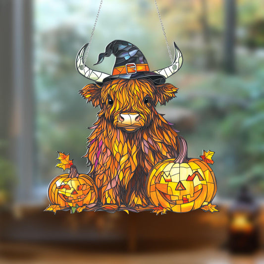 Highland Cow Halloween Window Hanging, Fall Cow Decor with Pumpkins, Cute Witch Hat Cow Art, Autumn Window Accent, Spooky Farmhouse Gift