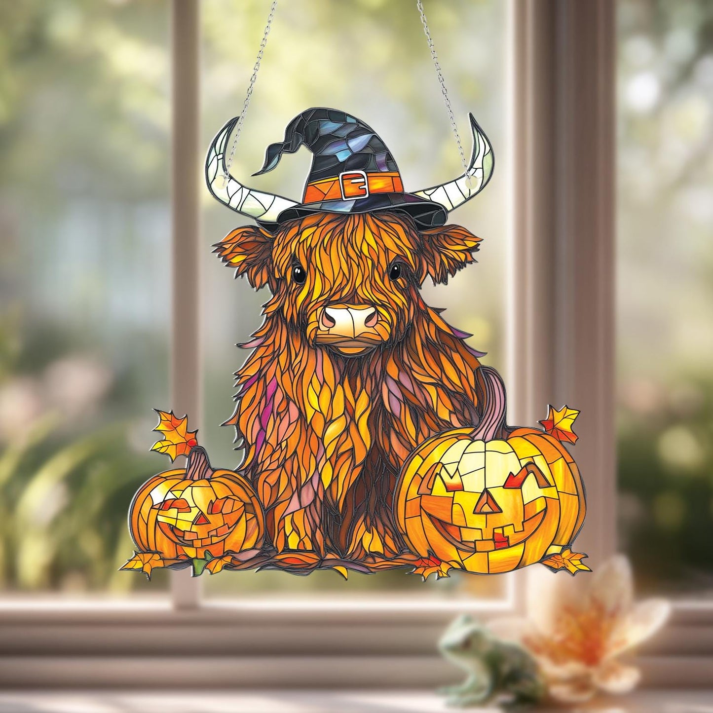 Highland Cow Halloween Window Hanging, Fall Cow Decor with Pumpkins, Cute Witch Hat Cow Art, Autumn Window Accent, Spooky Farmhouse Gift