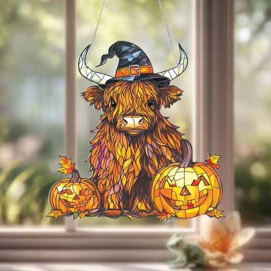Highland Cow Halloween Window Hanging, Fall Cow Decor with Pumpkins, Cute Witch Hat Cow Art, Autumn Window Accent, Spooky Farmhouse Gift