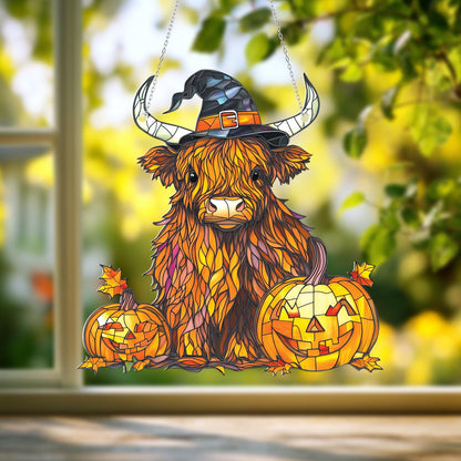 Highland Cow Halloween Window Hanging, Fall Cow Decor with Pumpkins, Cute Witch Hat Cow Art, Autumn Window Accent, Spooky Farmhouse Gift