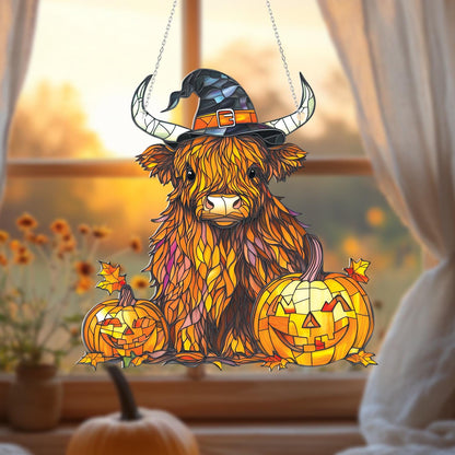 Highland Cow Halloween Window Hanging, Fall Cow Decor with Pumpkins, Cute Witch Hat Cow Art, Autumn Window Accent, Spooky Farmhouse Gift