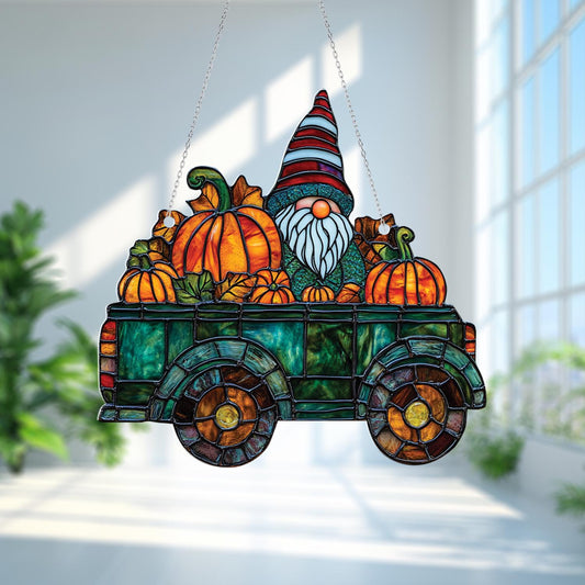 Gnome Pumpkin Truck Window Hanging, Fall Gnome Window Decor, Autumn Farmhouse Accent, Cute Pumpkin Truck Art, Thanksgiving Window Gift