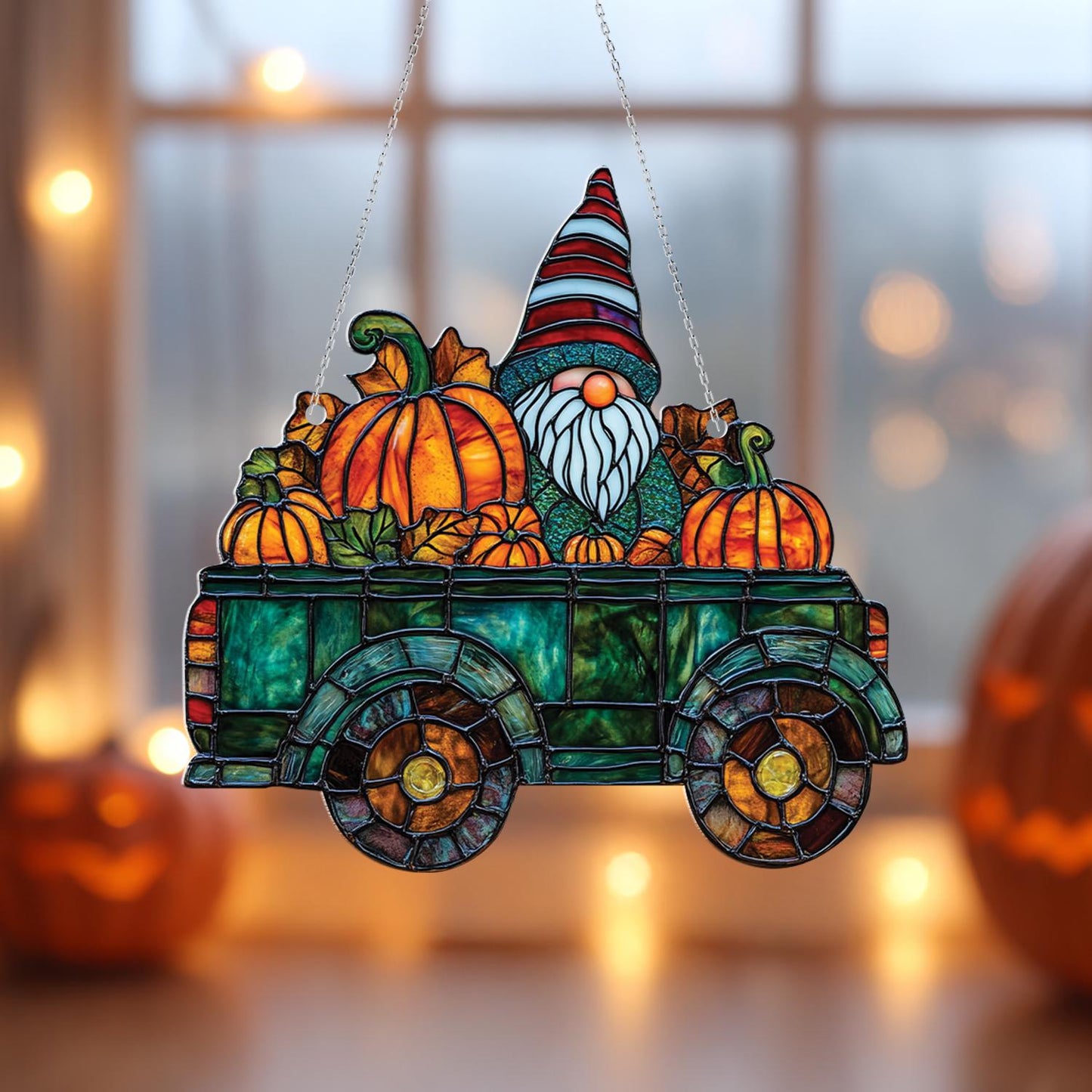 Gnome Pumpkin Truck Window Hanging, Fall Gnome Window Decor, Autumn Farmhouse Accent, Cute Pumpkin Truck Art, Thanksgiving Window Gift