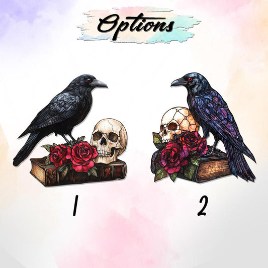 Crow Skull Window Hanging, Gothic Raven Book Decor, Halloween Dark Academia Art, Spooky Rose Window Accent, Macabre Gift for Book Lovers