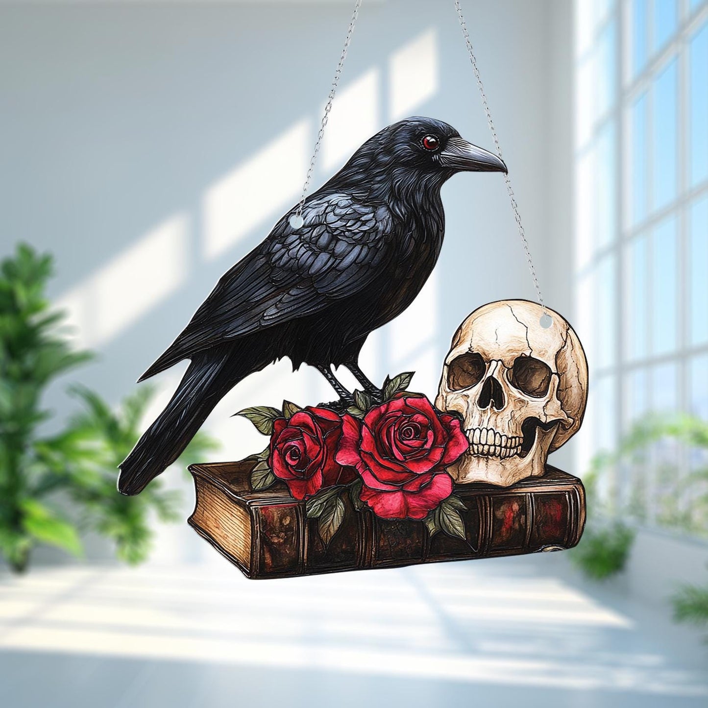 Crow Skull Window Hanging, Gothic Raven Book Decor, Halloween Dark Academia Art, Spooky Rose Window Accent, Macabre Gift for Book Lovers