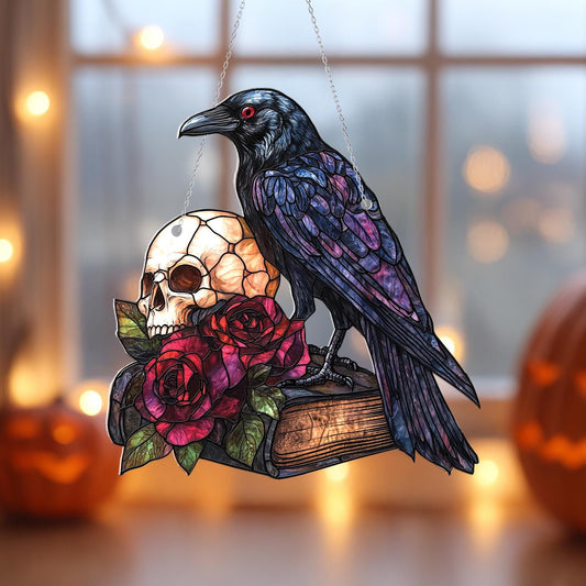 Crow Skull Window Hanging, Gothic Raven Book Decor, Halloween Dark Academia Art, Spooky Rose Window Accent, Macabre Gift for Book Lovers