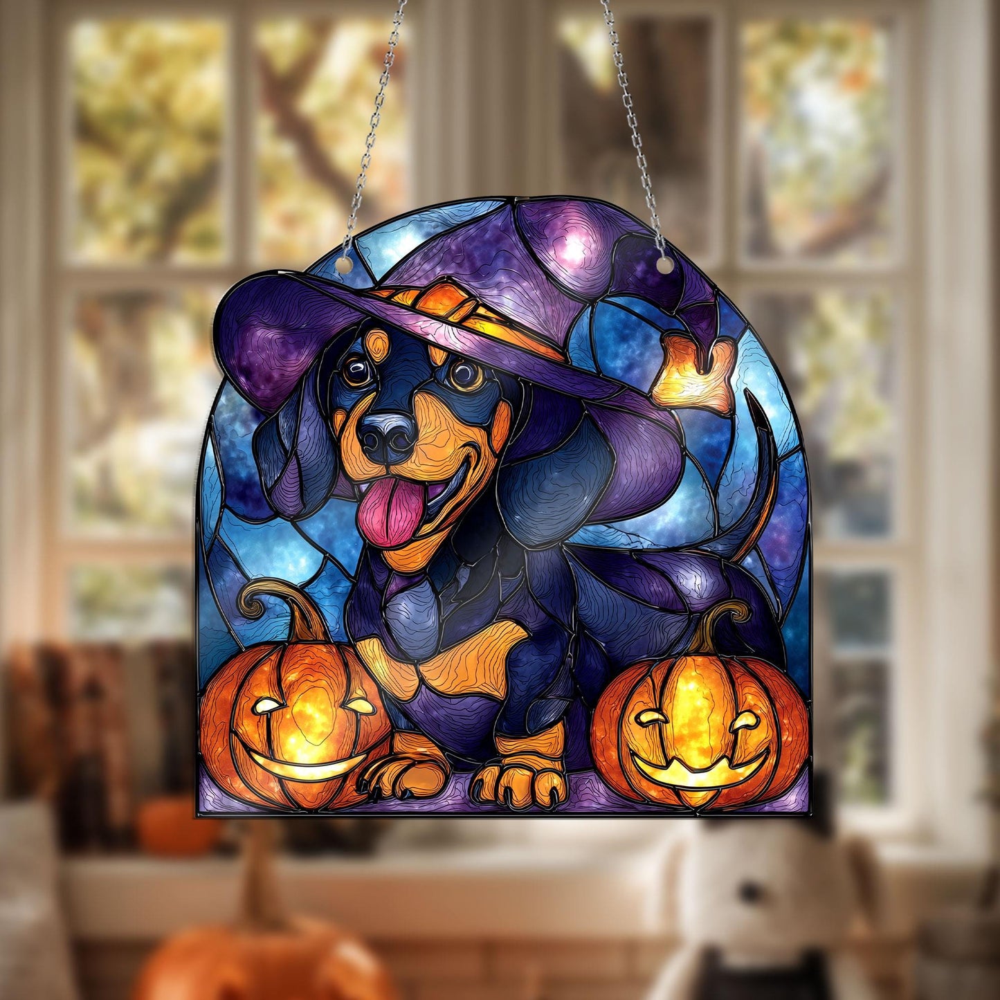 Halloween Dachshund Window Hanging – Witch Dog with Pumpkins, Fall Stained Glass Style Decor, Cute Spooky Pet Art for October Home