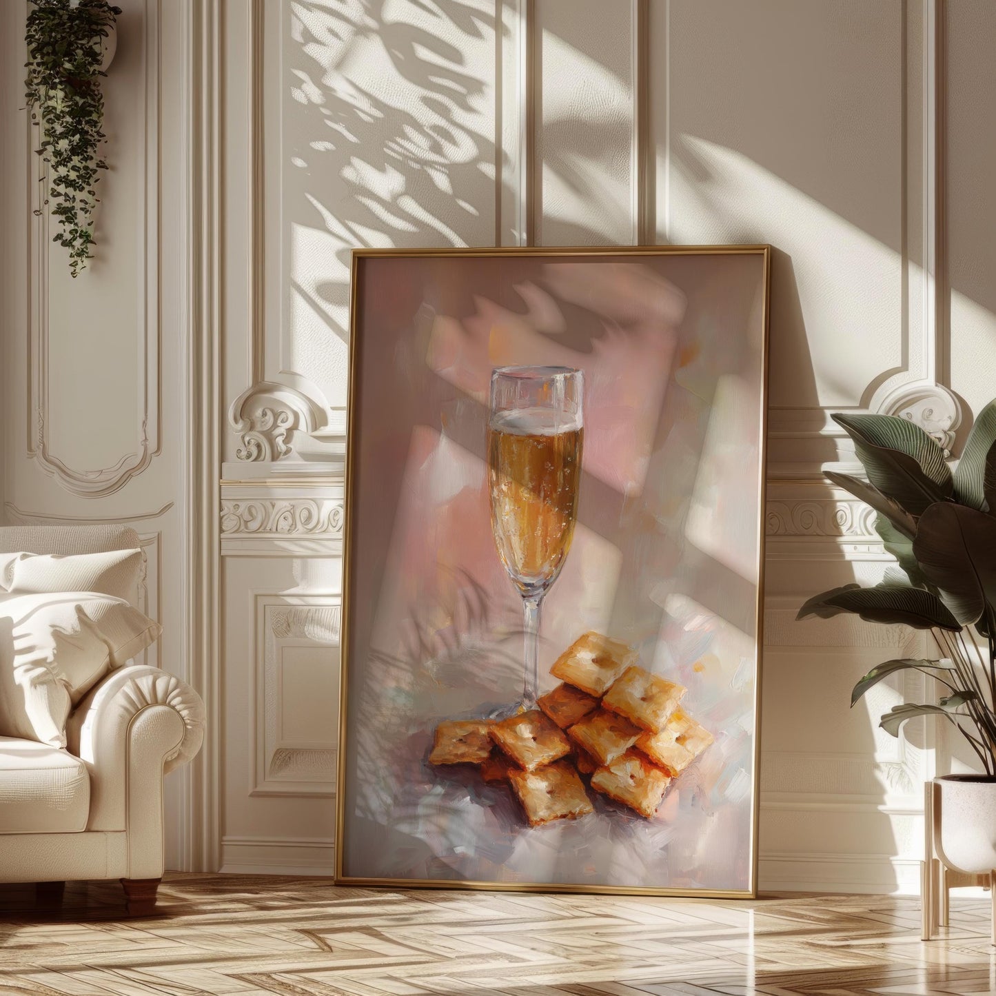 Champagne and Cheese Crackers Art Print | Cute Quirky Whimsical | Cocktail Art Bar Cart Decor | Trendy Home Wall Art | Champagne Wall Art