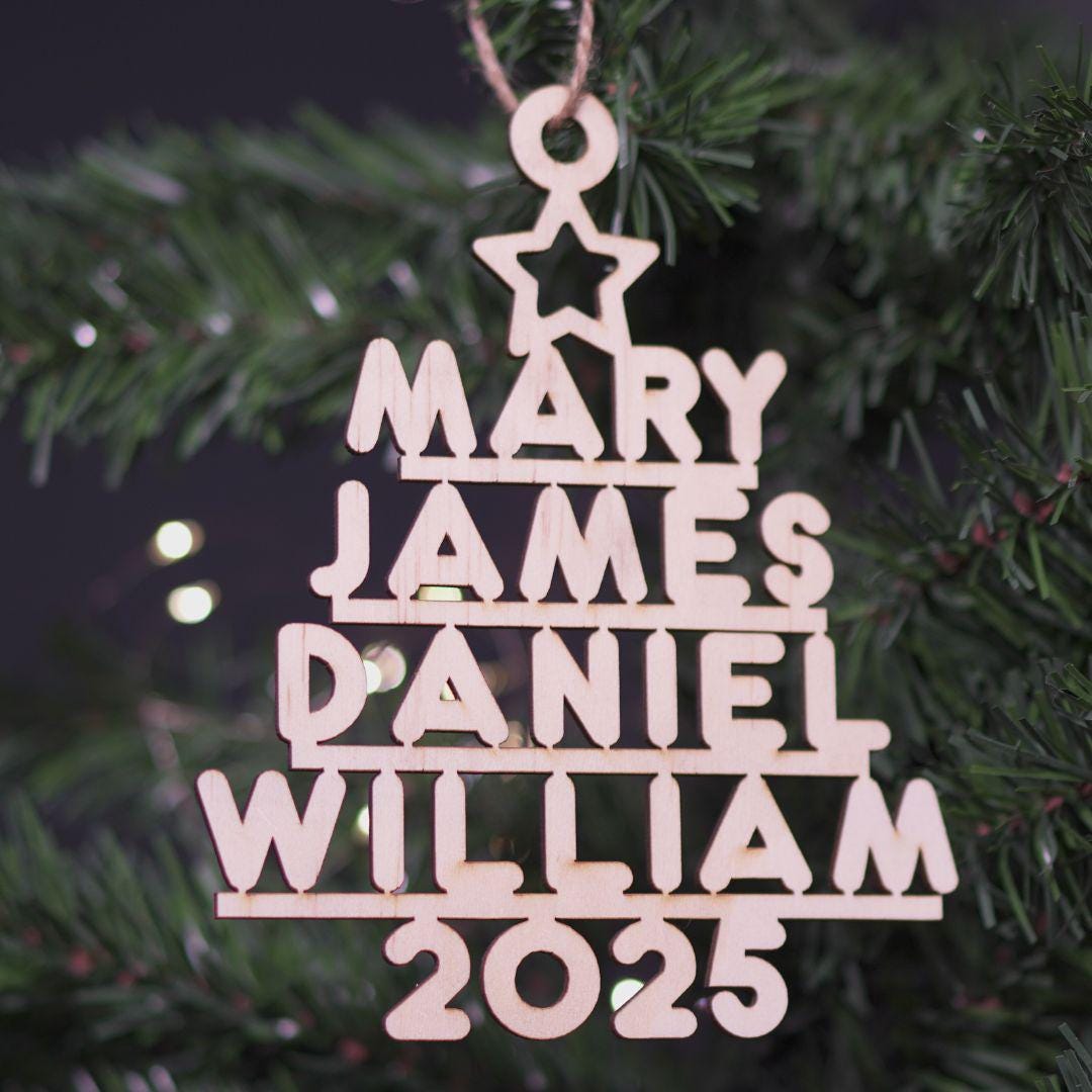 Custom Family Name Wooden Christmas Tree Ornament: Laser-Cut Keepsake