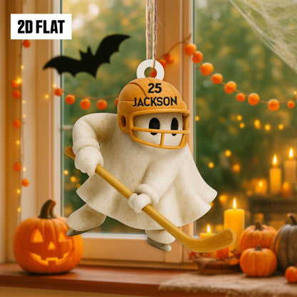 Personalized Hockey Ghost 2D Flat Ornament, Custom Name Ghost with Bat, Fall Sports Gift for Kids & Hockey Fans, Halloween Hanging Window