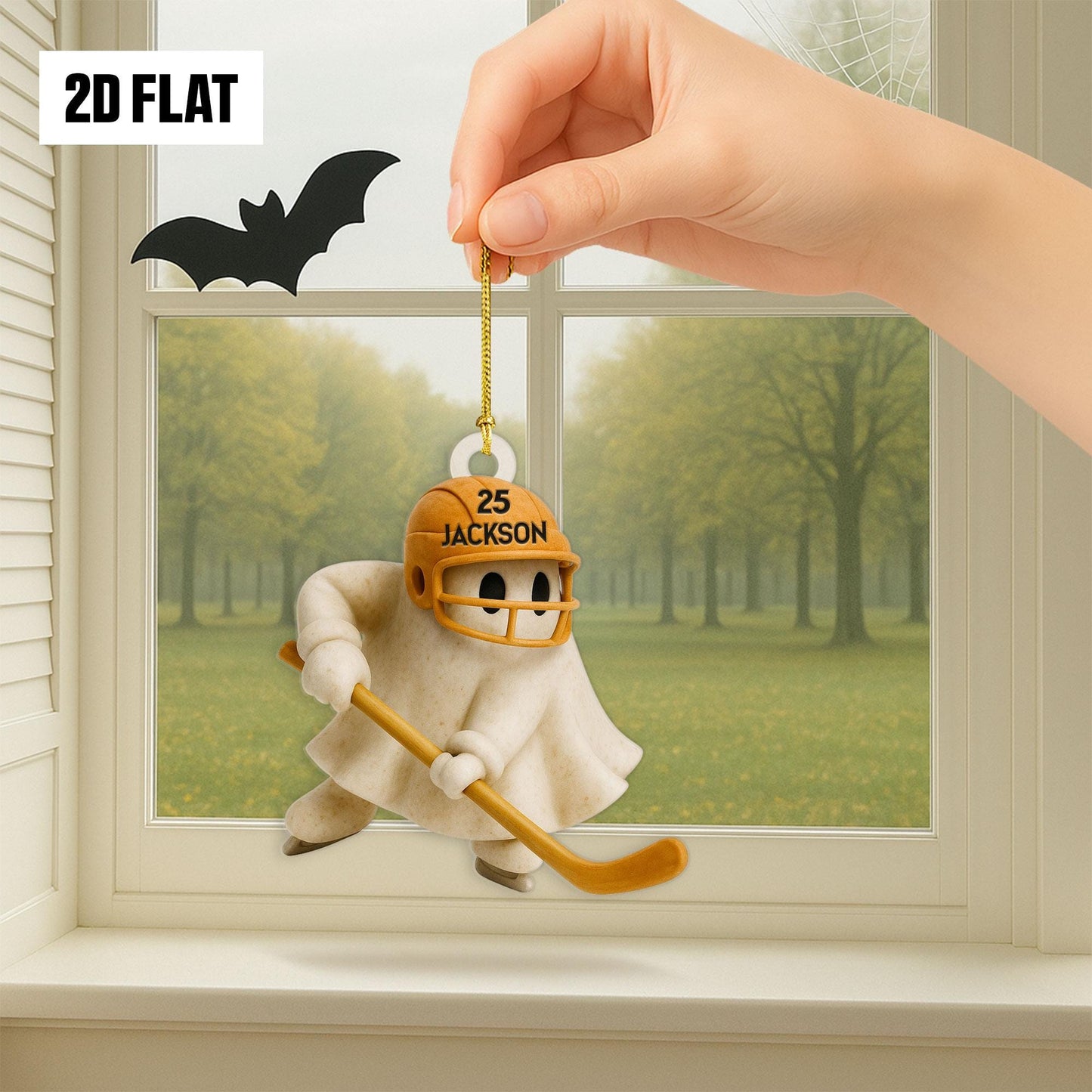Personalized Hockey Ghost 2D Flat Ornament, Custom Name Ghost with Bat, Fall Sports Gift for Kids & Hockey Fans, Halloween Hanging Window