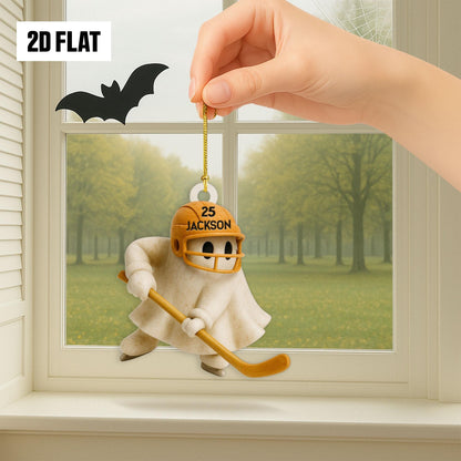 Personalized Hockey Ghost 2D Flat Ornament, Custom Name Ghost with Bat, Fall Sports Gift for Kids & Hockey Fans, Halloween Hanging Window