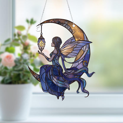 Moon Fairy Window Hanging with Lantern – Dreamy Night Sky Decor for Fantasy Lovers, Whimsical Celestial Art for Home or Gift Giving