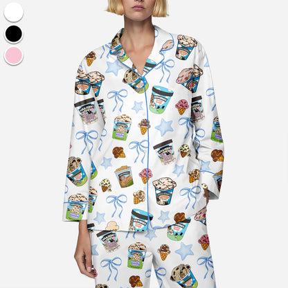 Ben&Jerry Bow Pajamas Set, Ben Jerry Ice Cream Sleepwear, Ice Cream Lovers Loungewear, Gift For Her, Premium Satin Pajamas
