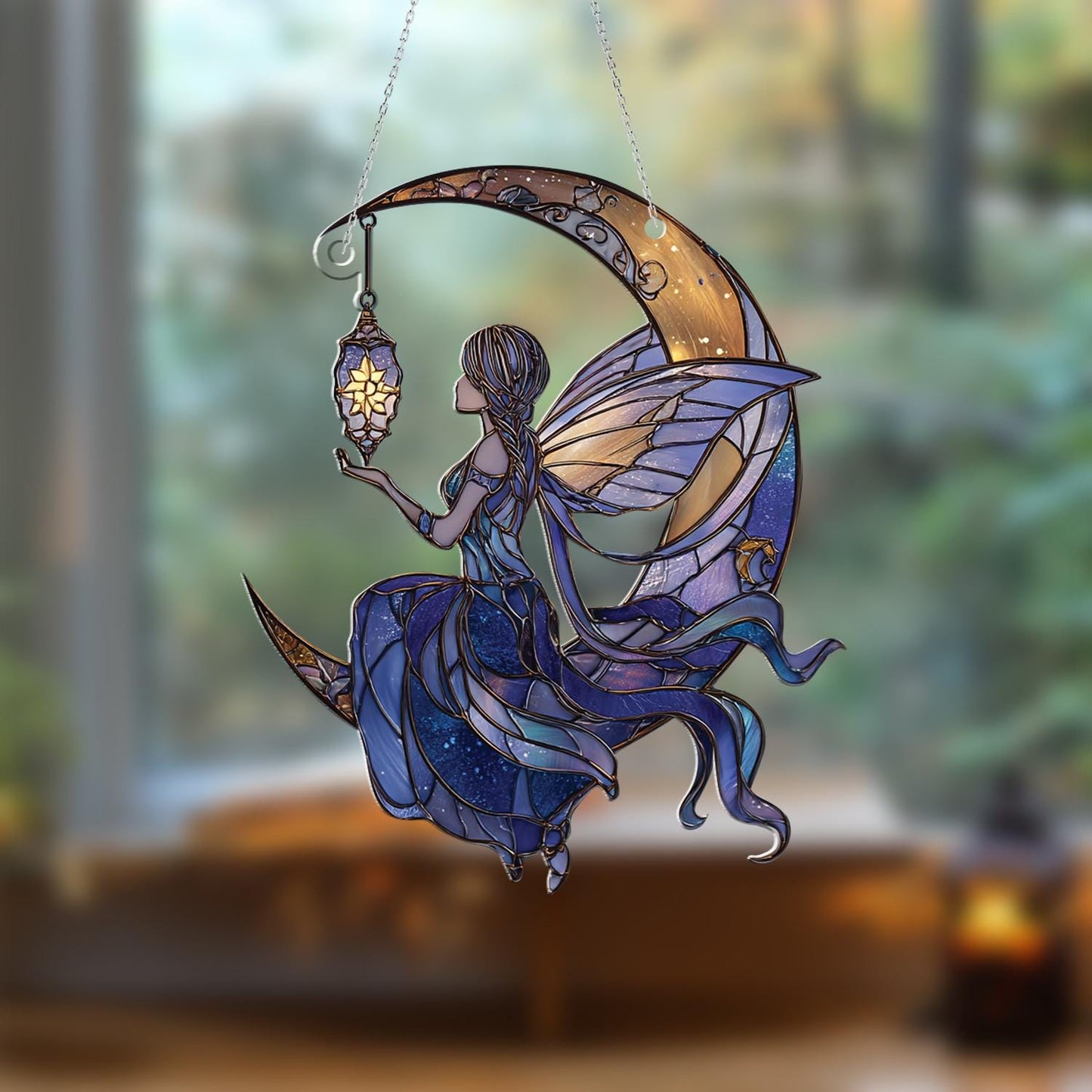 Fairy on Moon Window Hanging, Magical Fairy Moon Decor, Starry Night Fairy Art, Fantasy Room Accent,Gift for Fairy Lovers, Moonlight Hanging