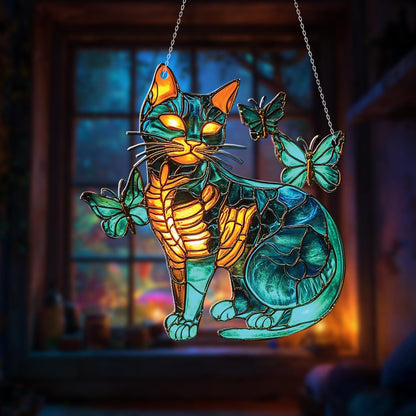 Cat with Butterflies Window Hanging, Whimsical Cat Window Decor, Butterfly Cat Art, Cute Animal Home Accent, Gift for Cat Lovers