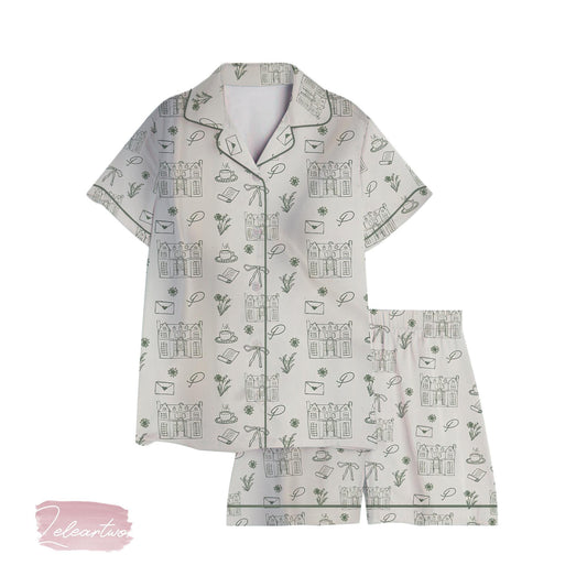Pride and Prejudice Hand Drawn Set – Jane Austen Pajamas with Pemberley Sketches, Tea, Letters & Florals | Regencycore Sleepwear