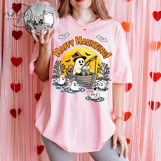 Comfort Colors® Happy Haunting Fishing Halloween Shirt, Fishing Lover Reel Scared Shirt, Funny Ghost Fisherman shirt,Spooky Fall Fishing tee