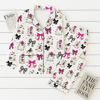 Halloween Pink Ghost And Bow Pajamas Set, Halloween Ghost Sleepwear, Fall Loungewear, Cozy Homewear, Spooky Season Gift, Halloween Gift