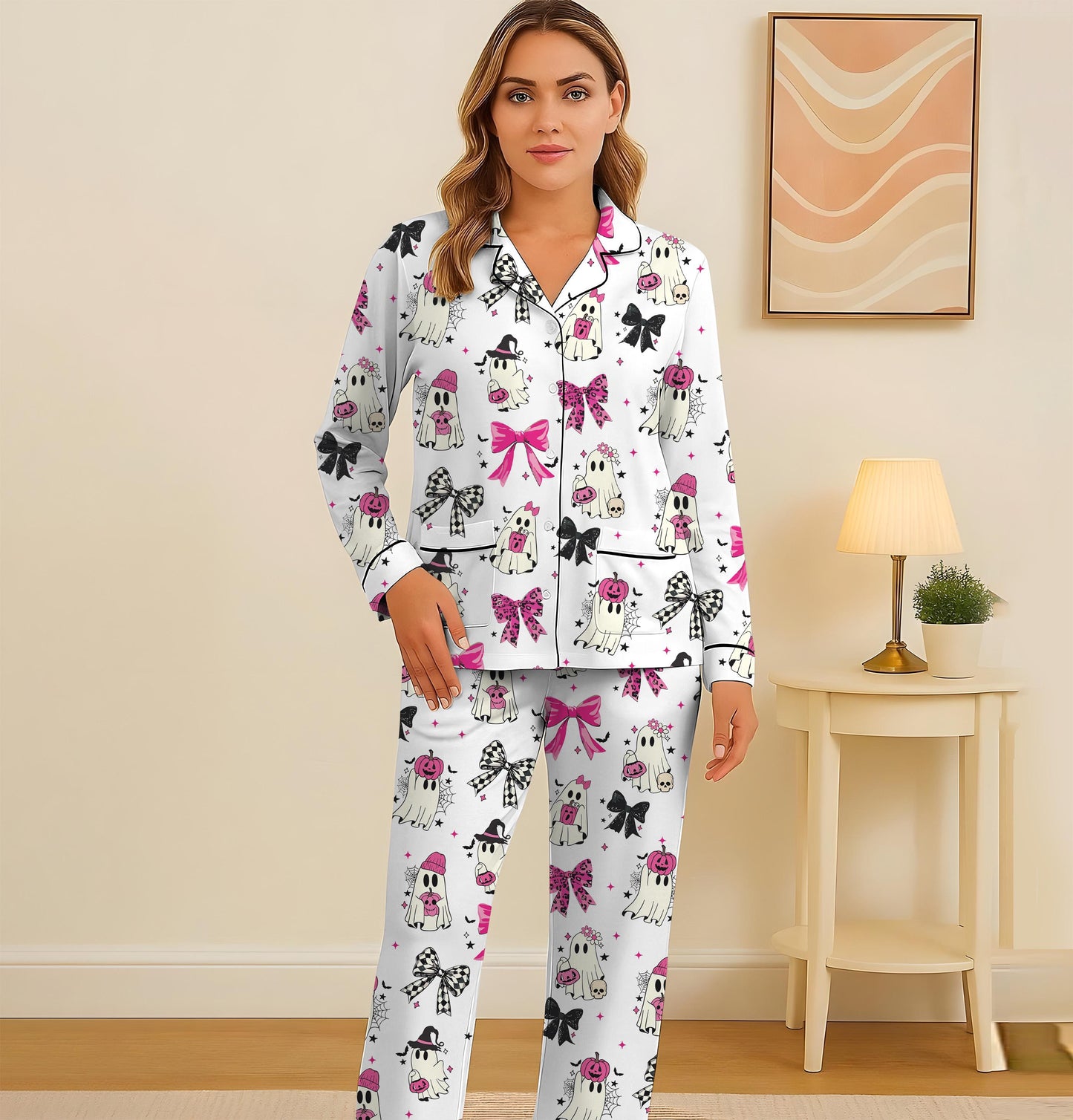 Halloween Pink Ghost And Bow Pajamas Set, Halloween Ghost Sleepwear, Fall Loungewear, Cozy Homewear, Spooky Season Gift, Halloween Gift