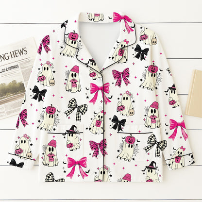 Halloween Pink Ghost And Bow Pajamas Set, Halloween Ghost Sleepwear, Fall Loungewear, Cozy Homewear, Spooky Season Gift, Halloween Gift
