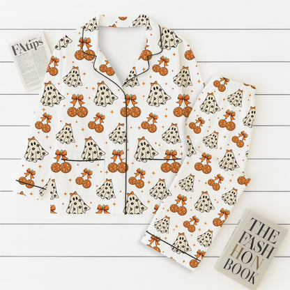 Halloween Ghost And Bow Pajamas Set, Halloween Cute Ghost Sleepwear, Cozy Loungewear, Spooky Season Gift, Fall Season Nightwear