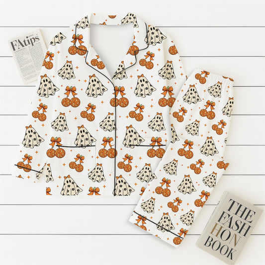 Halloween Ghost And Bow Pajamas Set, Halloween Cute Ghost Sleepwear, Cozy Loungewear, Spooky Season Gift, Fall Season Nightwear