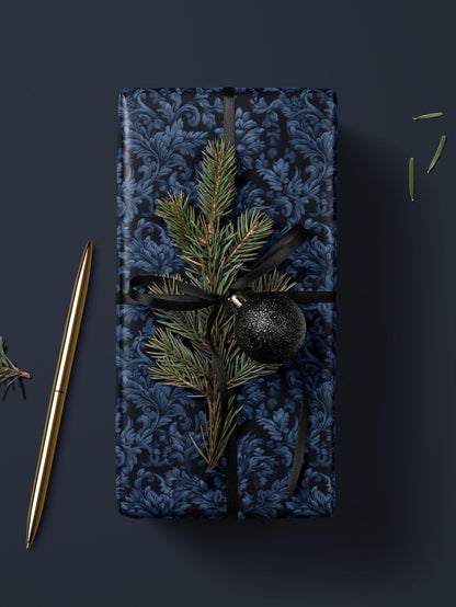 Blue Flower Gift Wrap Dark Blue Floral Damask Design Flower Wrapping Paper Botanical Gift Wrap for Her Wrapping Paper Wedding Gift Idea