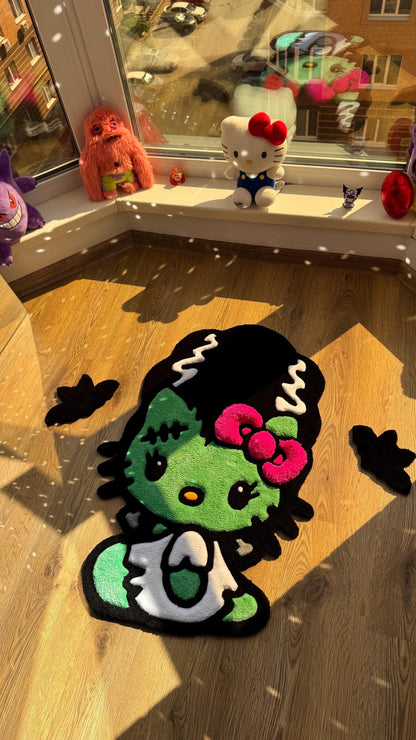 Frankenstein Kitty Halloween Rug – Custom Tufted Spooky Cute Carpet, Fluffy Kawaii Monster Decor for Anime Fans and Halloween Lovers