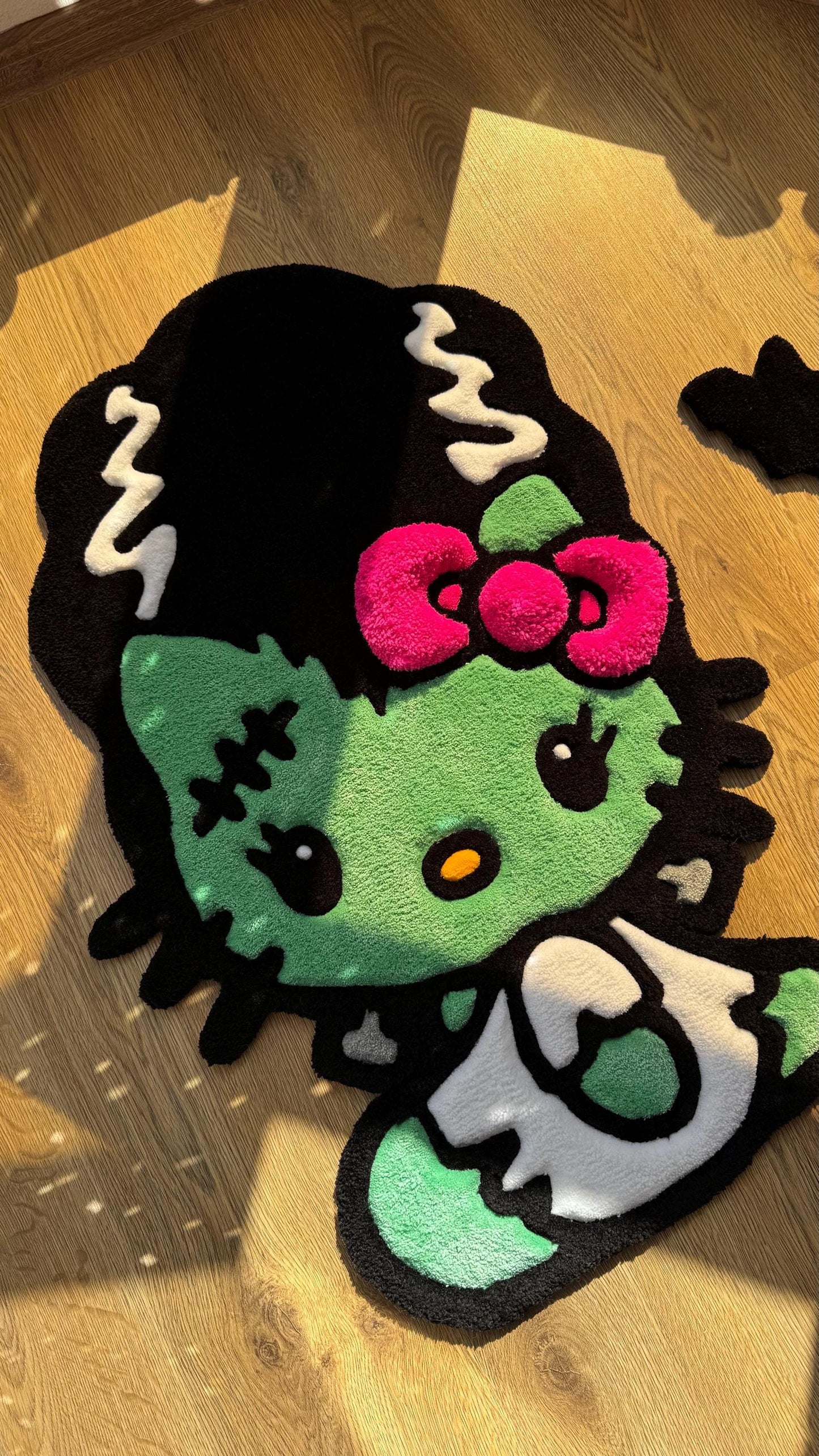 Frankenstein Kitty Halloween Rug – Custom Tufted Spooky Cute Carpet, Fluffy Kawaii Monster Decor for Anime Fans and Halloween Lovers