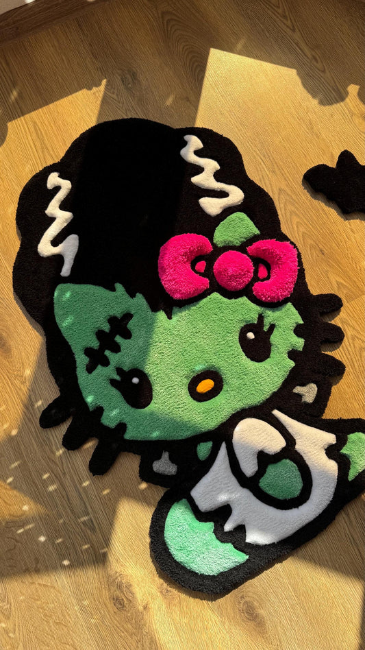 Frankenstein Kitty Halloween Rug – Custom Tufted Spooky Cute Carpet, Fluffy Kawaii Monster Decor for Anime Fans and Halloween Lovers