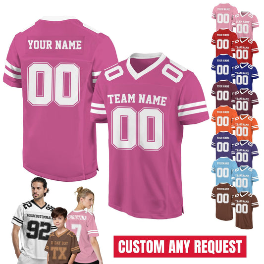 Personalized Team Name & Number Football Jersey For Adult Kid, Custom Team Sport Shirt Jerseys For Fans, Mesh Football V-neck Pink jersey
