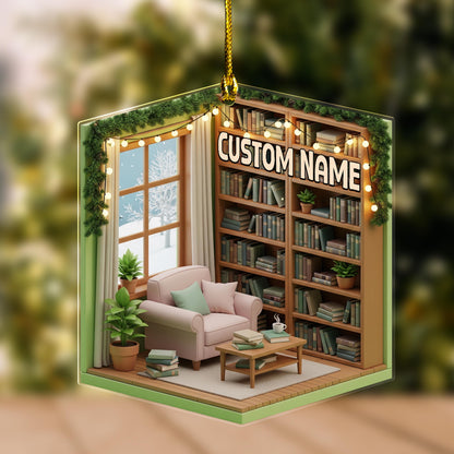 2D Flat Personalized Dreamy Cozy Reading Nook 2D Flat Acrylic/Wood Ornament, Reading Room Christmas Ornament, Bookworm Librarian Gift JCQT02