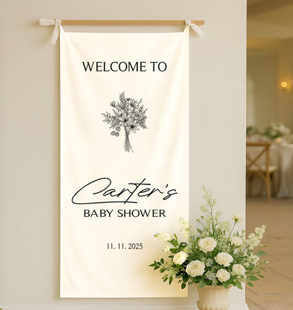 Personalized Baby Shower Welcome Banner, Custom Linen Party Sign, Rustic Neutral Baby Shower Backdrop, Boho Baby Celebration Decoration